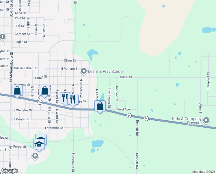 map of restaurants, bars, coffee shops, grocery stores, and more near 9121-9299 Eisenhower Street in Benton