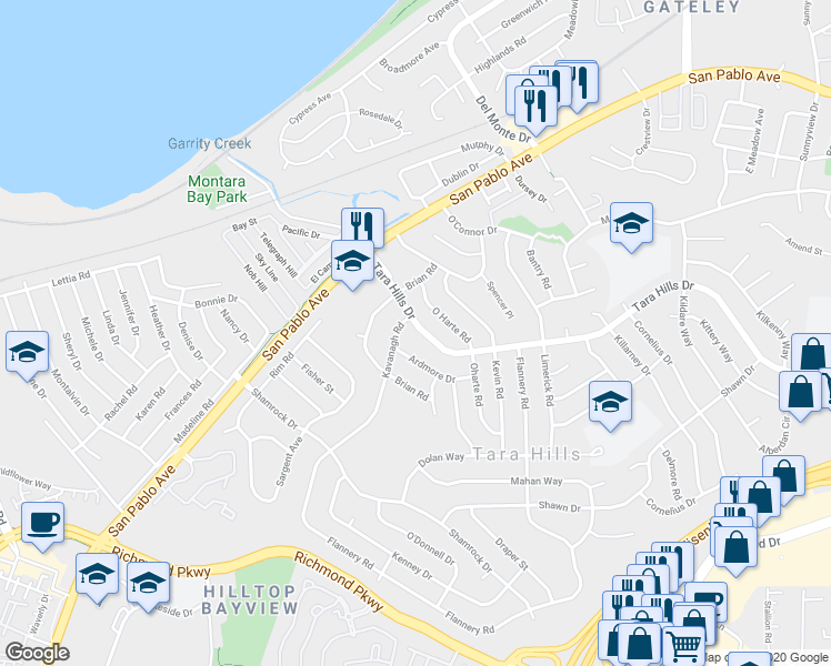 map of restaurants, bars, coffee shops, grocery stores, and more near 2573 Tara Hills Drive in San Pablo