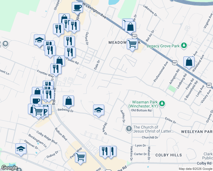 map of restaurants, bars, coffee shops, grocery stores, and more near 401 Cedar Court in Winchester