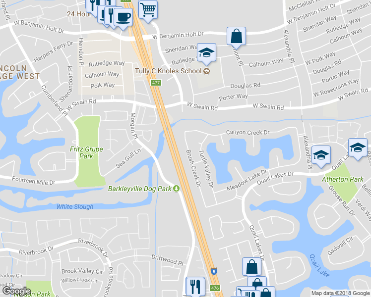 map of restaurants, bars, coffee shops, grocery stores, and more near 5849 Brush Creek Drive in Stockton