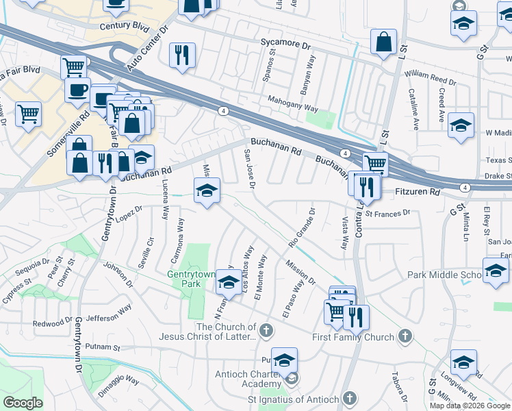 map of restaurants, bars, coffee shops, grocery stores, and more near 1417 San Jose Drive in Antioch