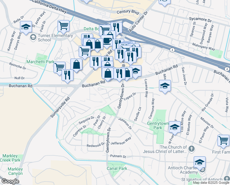 map of restaurants, bars, coffee shops, grocery stores, and more near 5 Madrid Lane in Antioch