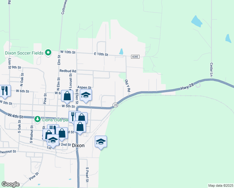 map of restaurants, bars, coffee shops, grocery stores, and more near 402 Highway 28 in Dixon