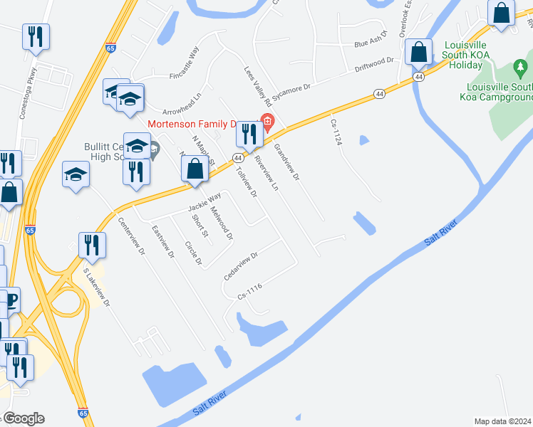 map of restaurants, bars, coffee shops, grocery stores, and more near 262 Tollview Drive in Shepherdsville