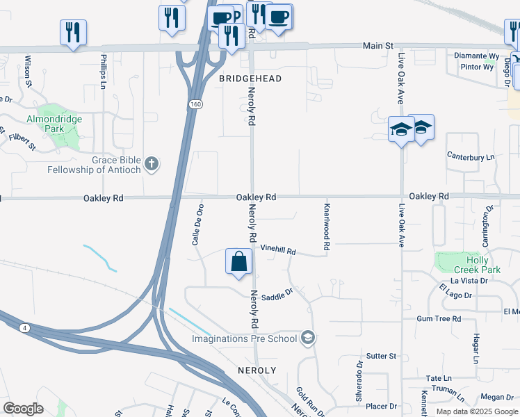 map of restaurants, bars, coffee shops, grocery stores, and more near 5010 Neroly Road in Oakley