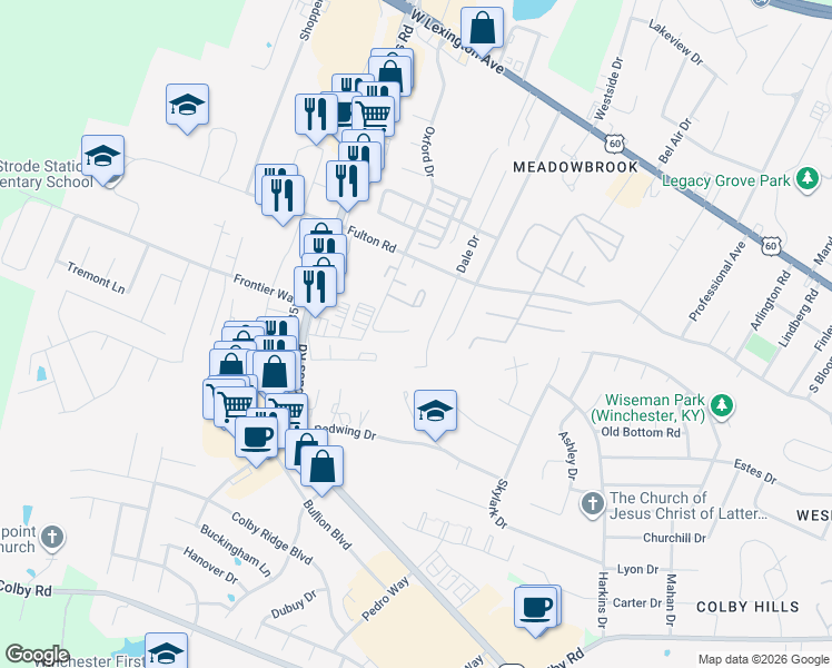 map of restaurants, bars, coffee shops, grocery stores, and more near 1445 Westwood Drive in Winchester