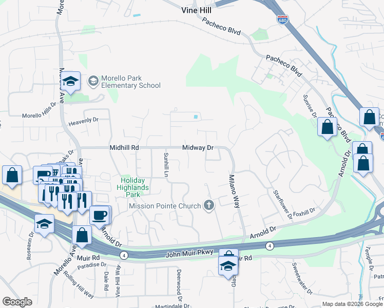 map of restaurants, bars, coffee shops, grocery stores, and more near 248 Midway Drive in Martinez