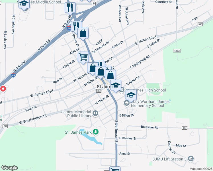map of restaurants, bars, coffee shops, grocery stores, and more near in Saint James