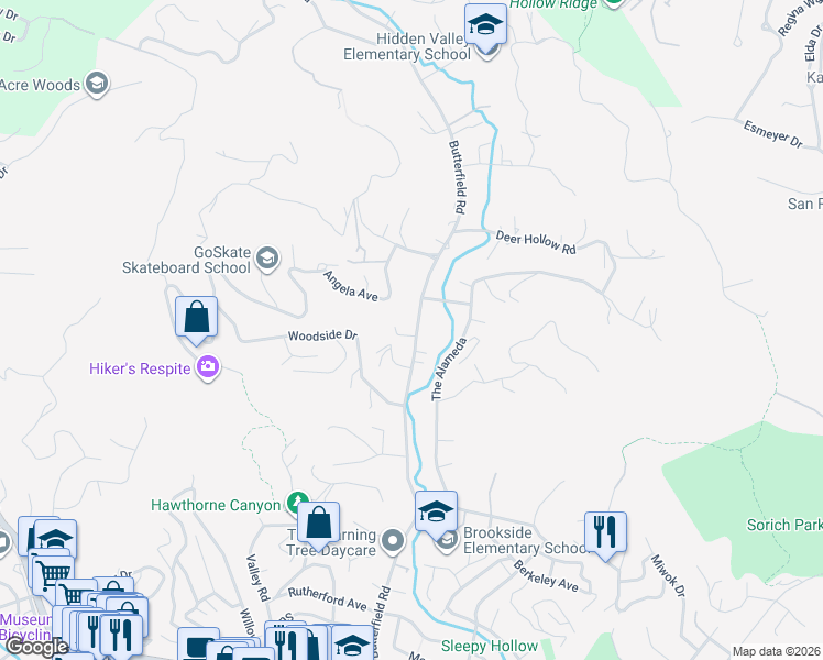 map of restaurants, bars, coffee shops, grocery stores, and more near 337 Butterfield Road in San Anselmo