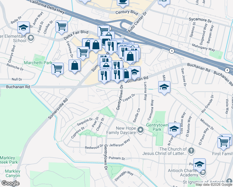 map of restaurants, bars, coffee shops, grocery stores, and more near 8 Madrid Place in Antioch