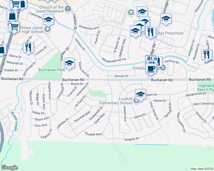 map of restaurants, bars, coffee shops, grocery stores, and more near 4210 Suzanne Drive in Pittsburg