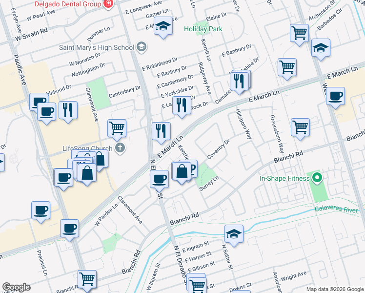 map of restaurants, bars, coffee shops, grocery stores, and more near 211 East March Lane in Stockton