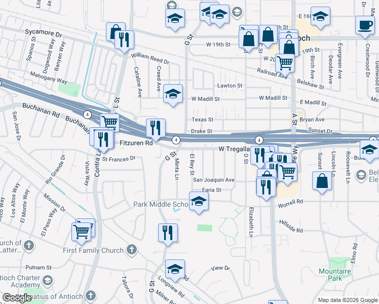map of restaurants, bars, coffee shops, grocery stores, and more near 2738a West Tregallas Road in Antioch