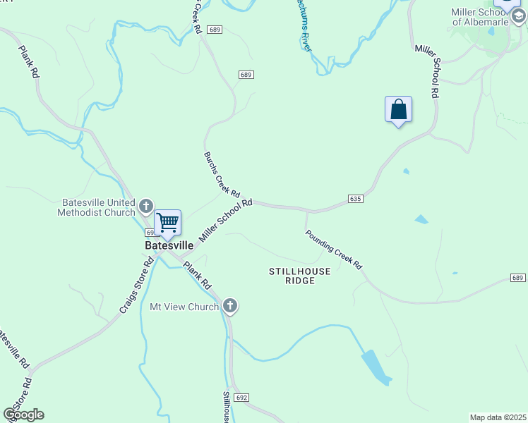 map of restaurants, bars, coffee shops, grocery stores, and more near 1845 Miller School Road in Charlottesville
