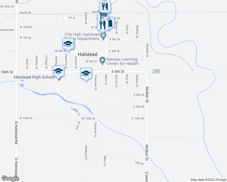 map of restaurants, bars, coffee shops, grocery stores, and more near 702 Spruce Street in Halstead