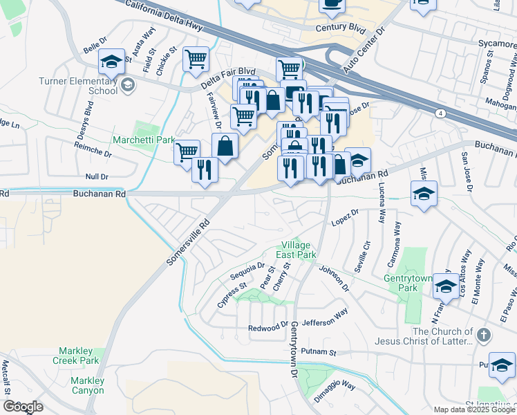 map of restaurants, bars, coffee shops, grocery stores, and more near 2516 Jenifer Court in Antioch