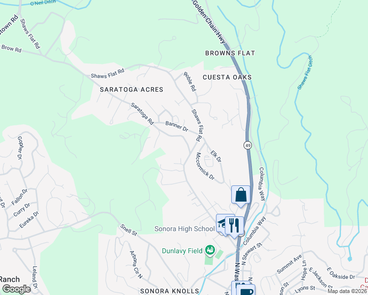 map of restaurants, bars, coffee shops, grocery stores, and more near 32 Saratoga Road in Sonora