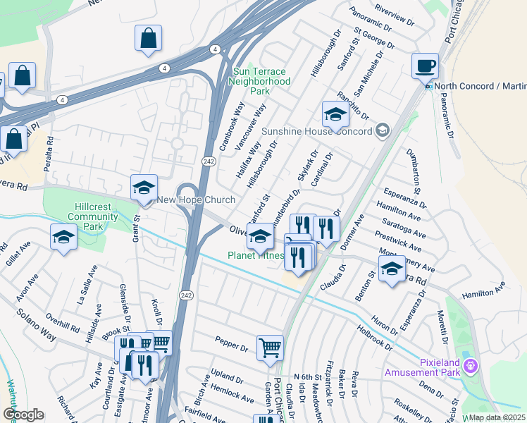 map of restaurants, bars, coffee shops, grocery stores, and more near 3439 Sanford Street in Concord