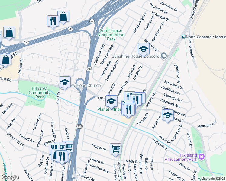 map of restaurants, bars, coffee shops, grocery stores, and more near 3439 Sanford Street in Concord