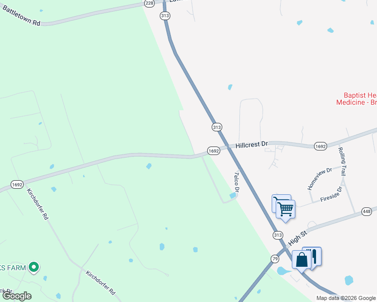 map of restaurants, bars, coffee shops, grocery stores, and more near 1460 Fairground Road in Brandenburg