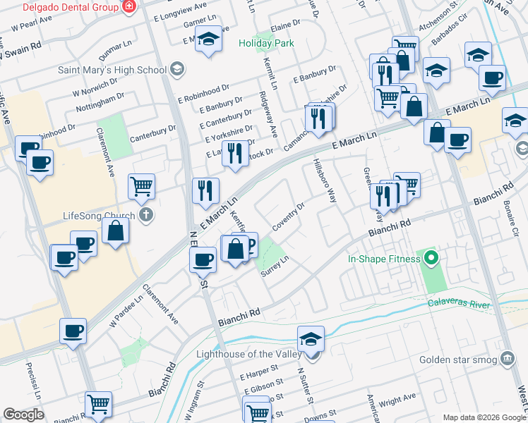 map of restaurants, bars, coffee shops, grocery stores, and more near 337 Huntington Court in Stockton