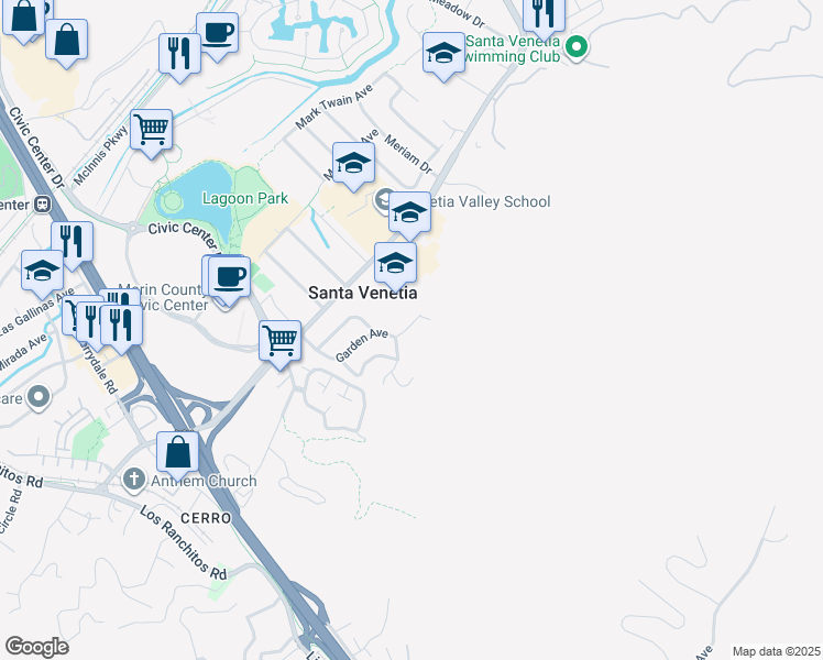 map of restaurants, bars, coffee shops, grocery stores, and more near 122 Garden Avenue in San Rafael