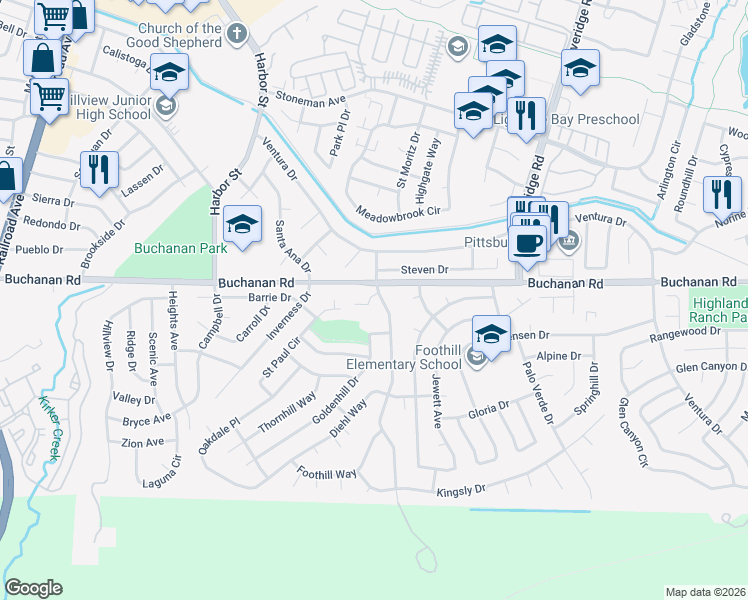 map of restaurants, bars, coffee shops, grocery stores, and more near 4210 Suzanne Drive in Pittsburg