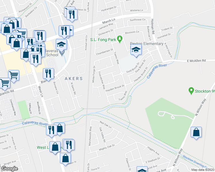 map of restaurants, bars, coffee shops, grocery stores, and more near 2216 Pinetown Street in Stockton