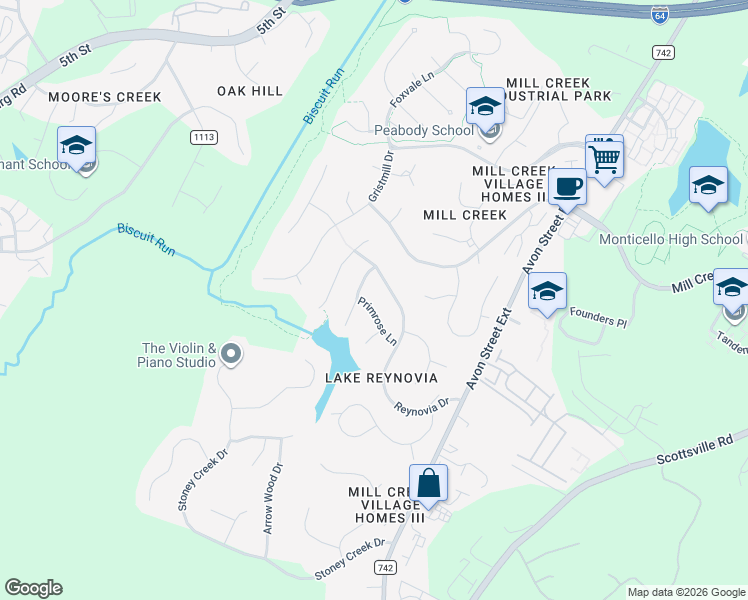 map of restaurants, bars, coffee shops, grocery stores, and more near 1421 Reynovia Drive in Charlottesville