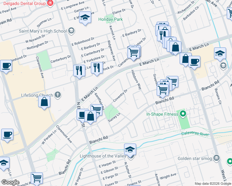 map of restaurants, bars, coffee shops, grocery stores, and more near 337 Huntington Court in Stockton