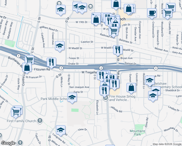 map of restaurants, bars, coffee shops, grocery stores, and more near 289 West Tregallas Road in Antioch