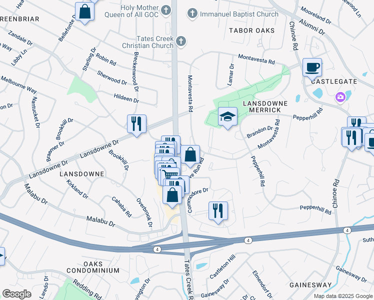 map of restaurants, bars, coffee shops, grocery stores, and more near 3300 Tates Creek Road in Lexington
