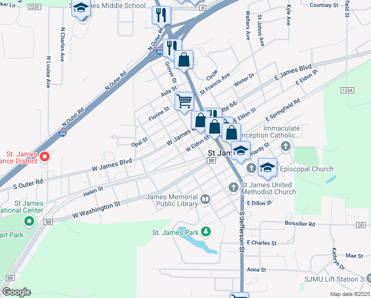 map of restaurants, bars, coffee shops, grocery stores, and more near 201 North Meramec Street in Saint James