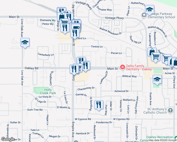 map of restaurants, bars, coffee shops, grocery stores, and more near 2605 Main Street in Oakley