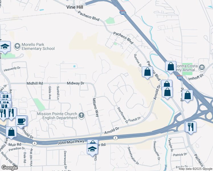 map of restaurants, bars, coffee shops, grocery stores, and more near 2420 Heatherleaf Lane in Martinez