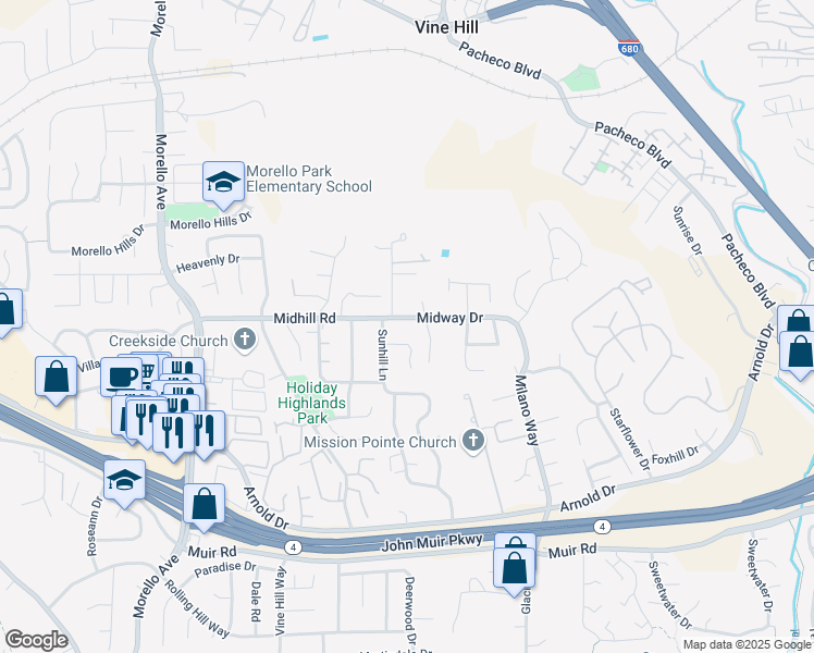 map of restaurants, bars, coffee shops, grocery stores, and more near 207 Midway Drive in Martinez