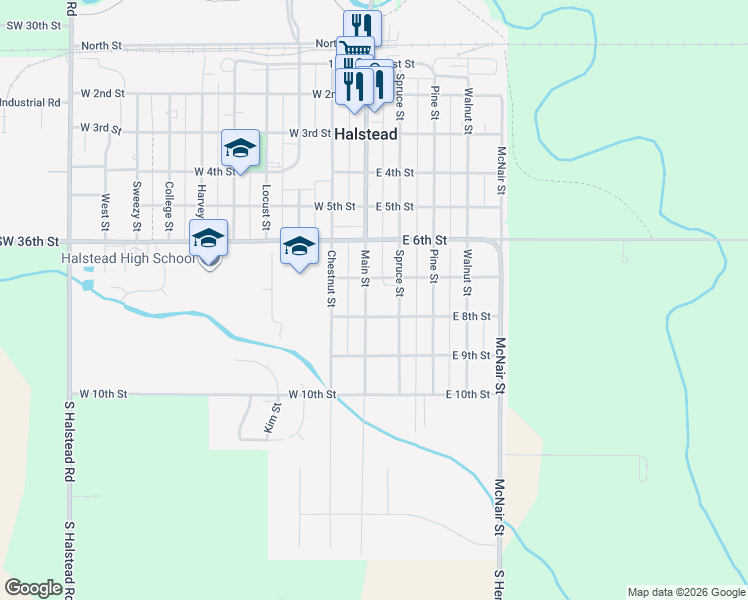map of restaurants, bars, coffee shops, grocery stores, and more near 702 Main Street in Halstead