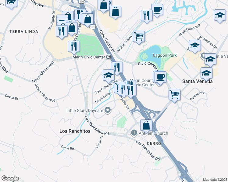 map of restaurants, bars, coffee shops, grocery stores, and more near 110 Las Flores Avenue in San Rafael