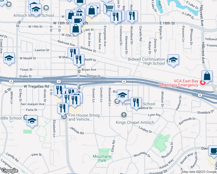 map of restaurants, bars, coffee shops, grocery stores, and more near 220 East Tregallas Road in Antioch