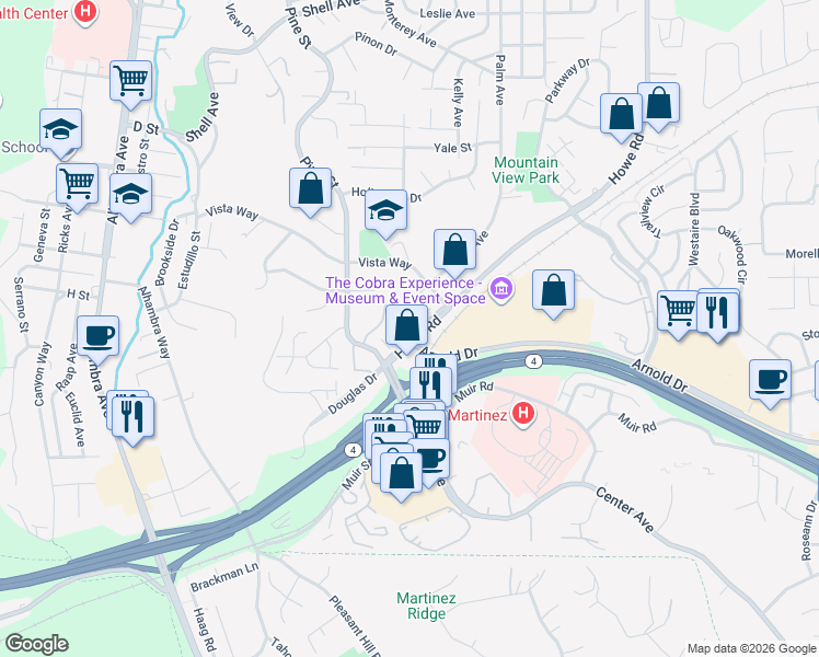 map of restaurants, bars, coffee shops, grocery stores, and more near 206 Buena Vida Court in Martinez