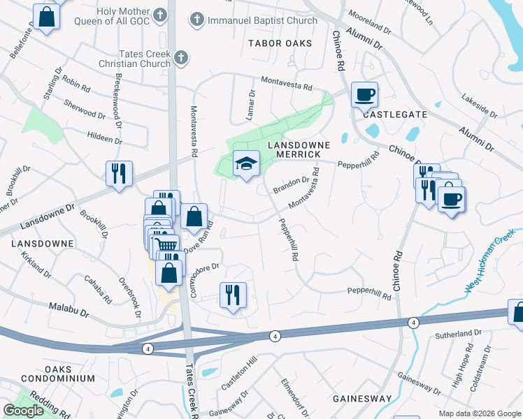 map of restaurants, bars, coffee shops, grocery stores, and more near 3370 Montavesta Road in Lexington