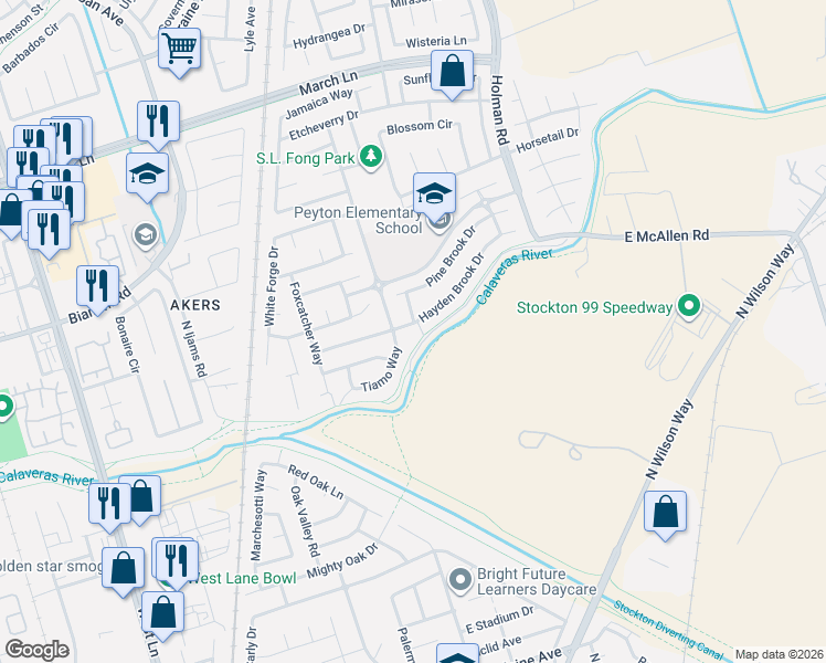 map of restaurants, bars, coffee shops, grocery stores, and more near 2410 Hayden Brook Drive in Stockton