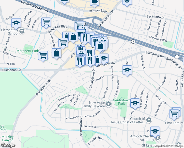 map of restaurants, bars, coffee shops, grocery stores, and more near 2317 Buchanan Road in Antioch