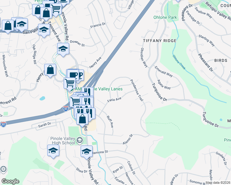 map of restaurants, bars, coffee shops, grocery stores, and more near 2419 Hillview Lane in Pinole