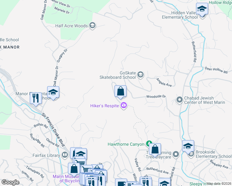 map of restaurants, bars, coffee shops, grocery stores, and more near 193 Oak Springs Drive in San Anselmo