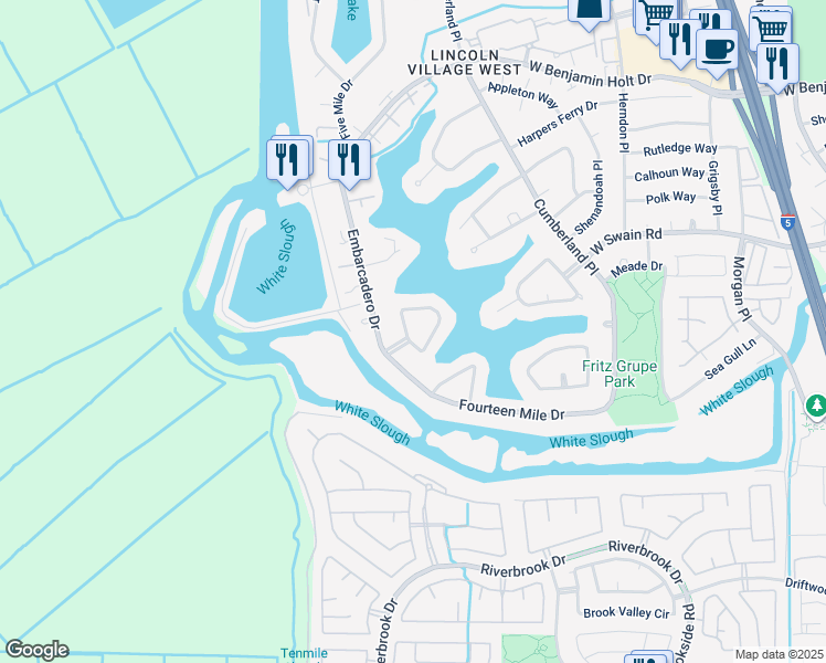 map of restaurants, bars, coffee shops, grocery stores, and more near 6375 Chesapeake Circle in Stockton