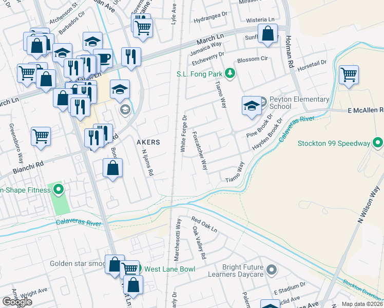 map of restaurants, bars, coffee shops, grocery stores, and more near 2125 Pinetown Street in Stockton