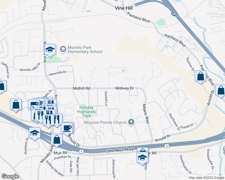map of restaurants, bars, coffee shops, grocery stores, and more near 207 Midway Drive in Martinez