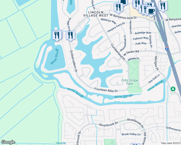 map of restaurants, bars, coffee shops, grocery stores, and more near 6278 Chesapeake Circle in Stockton