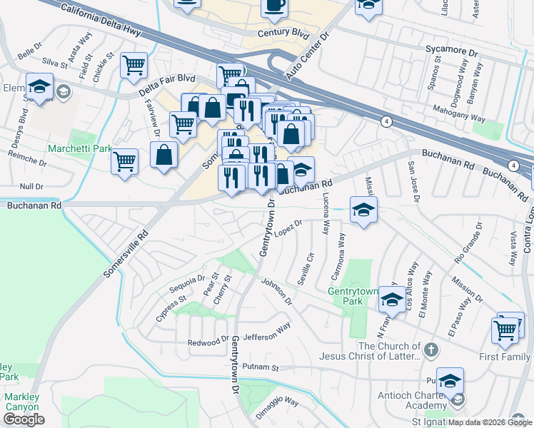 map of restaurants, bars, coffee shops, grocery stores, and more near 2317 Buchanan Road in Antioch